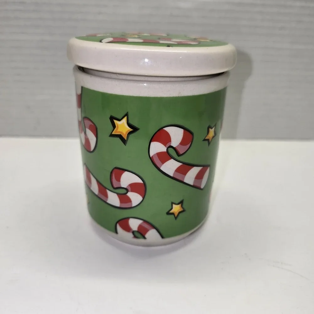 Merry Brite Candy Cane Hand‎ Painted Lidded Canister Small Seasonal Adorable